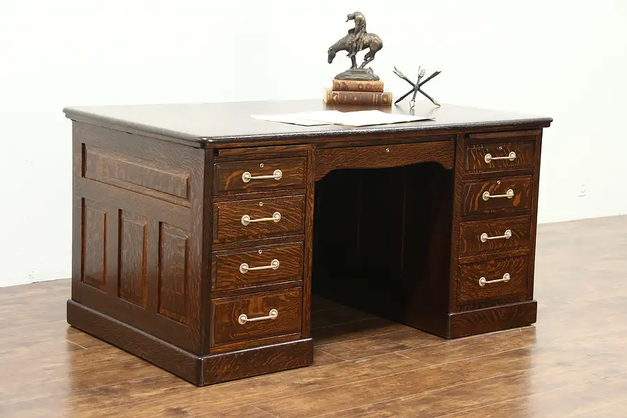 Main image of Oak Quarter Sawn Antique 1900 Library or Office Desk, Raised Panels