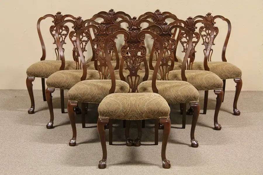 Main image of Set of 12 Carved Oak Georgian Design 1910 Dining Chairs