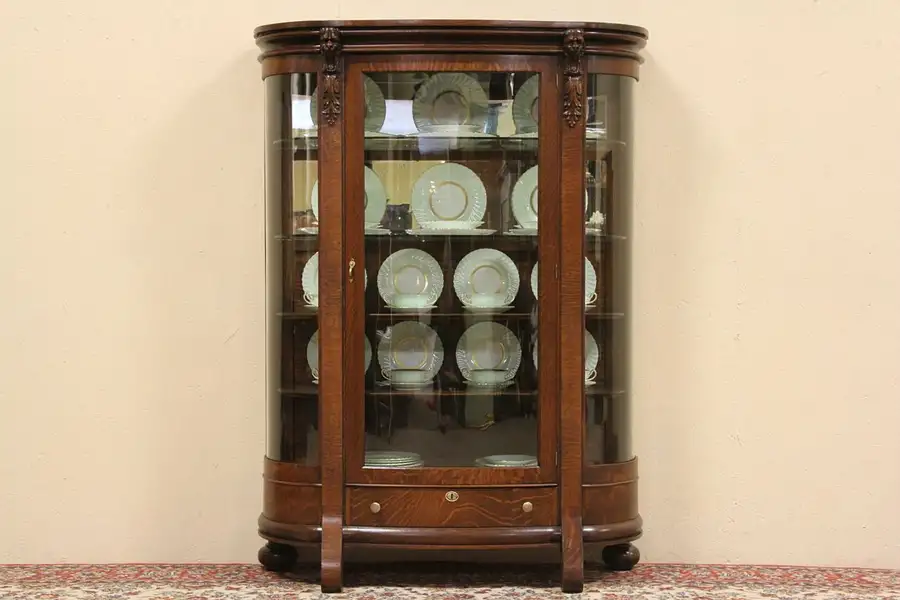 Main image of Curved Glass Lion Head Oak 1900 China or Curio Cabinet