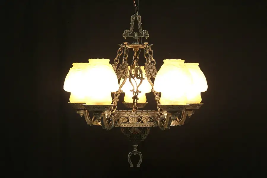 Main image of Antique 1920's Moe Chandelier, Art Deco Glass Shades