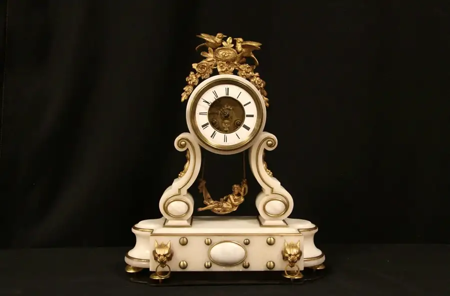Main image of French Marble & Bronze 1870 Antique Clock, Swinging Girl Pendulum
