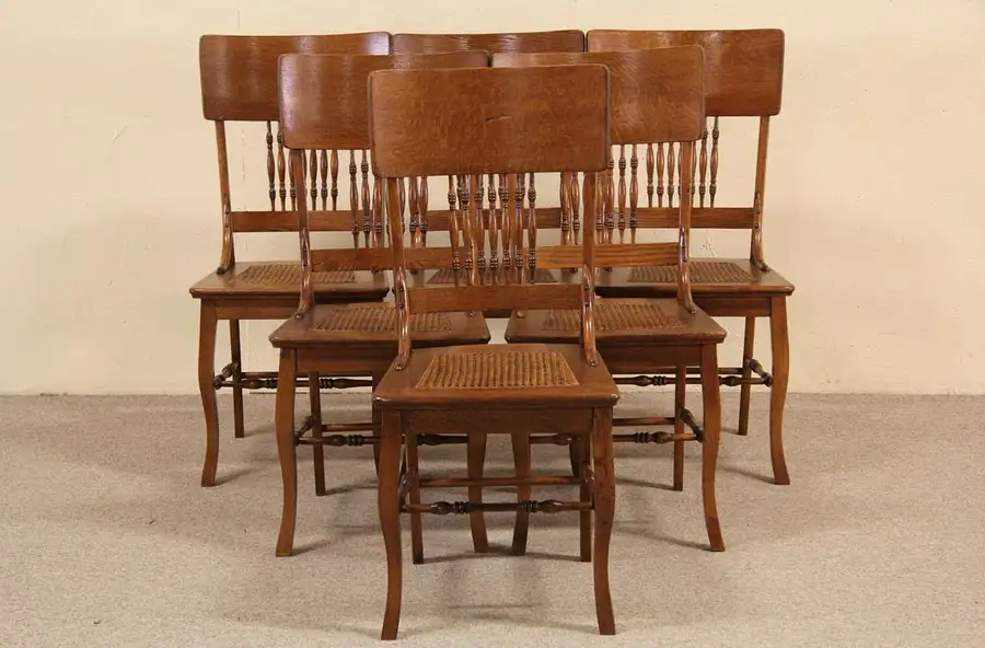 Main image of Set of 6 Oak 1900 Antique Dining Chairs, Cane Seats