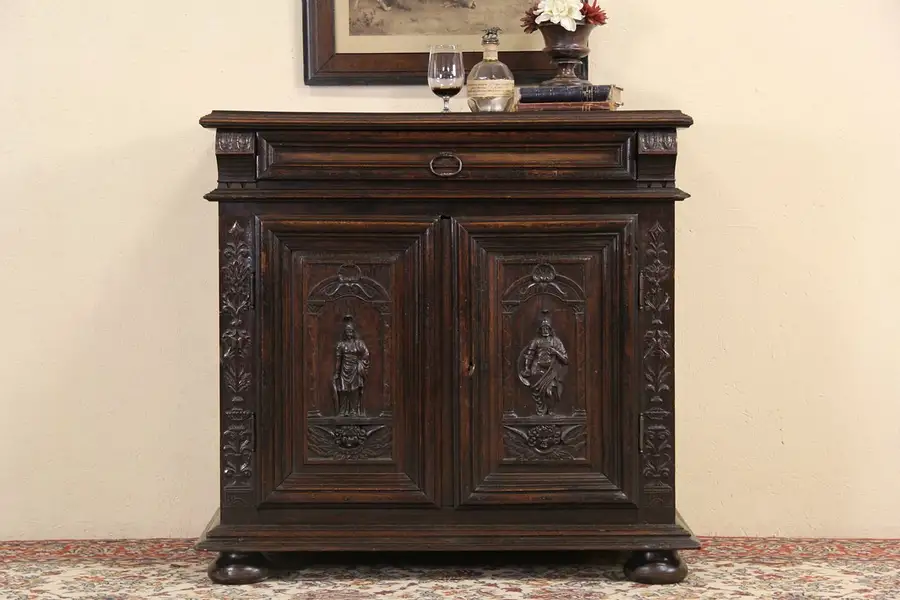 Main image of Oak 1880 French Antique Console Cabinet, Carved Knights