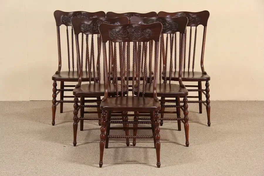 Main image of Set of 6 Press Back Carved 1900 Dining Chairs, Spiral Spindles