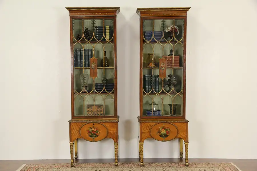 Main image of Pair Hand Painted Satinwood English 1890 Antique Curio Cabinets