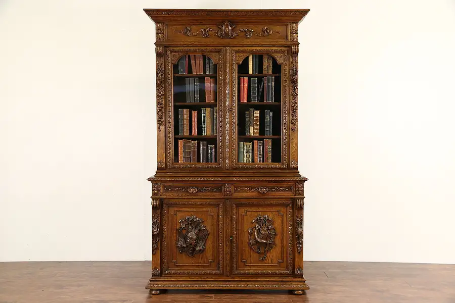 Main image of Black Forest 1880 Antique Oak Bookcase or China Cabinet, Carved Bird & Fish