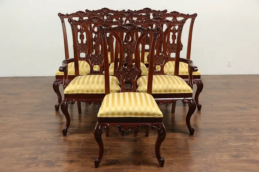Main image of Set of 8 Georgian Style Vintage Carved Mahogany Dining Chairs, New Upholstery