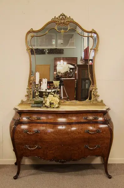 Main image of Carved Bombe Burl Antique Chest or Dresser & Mirror