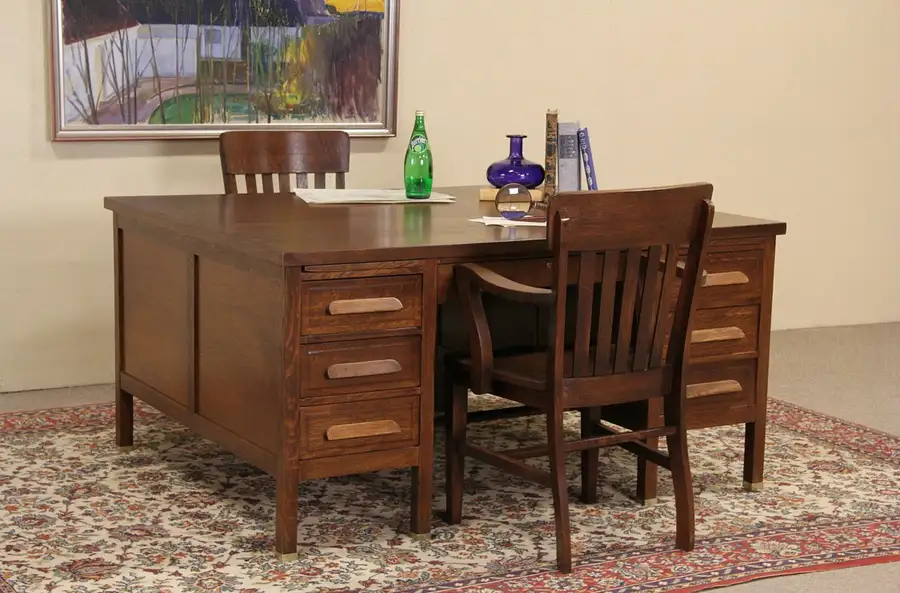 Main image of Arts & Crafts Mission Oak 1910 Antique Double Partner Desk
