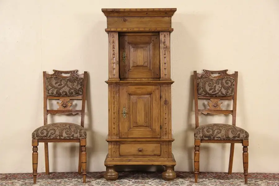 Main image of Dutch Country Pine Antique 1860 Carved Chimney or Silver Cabinet