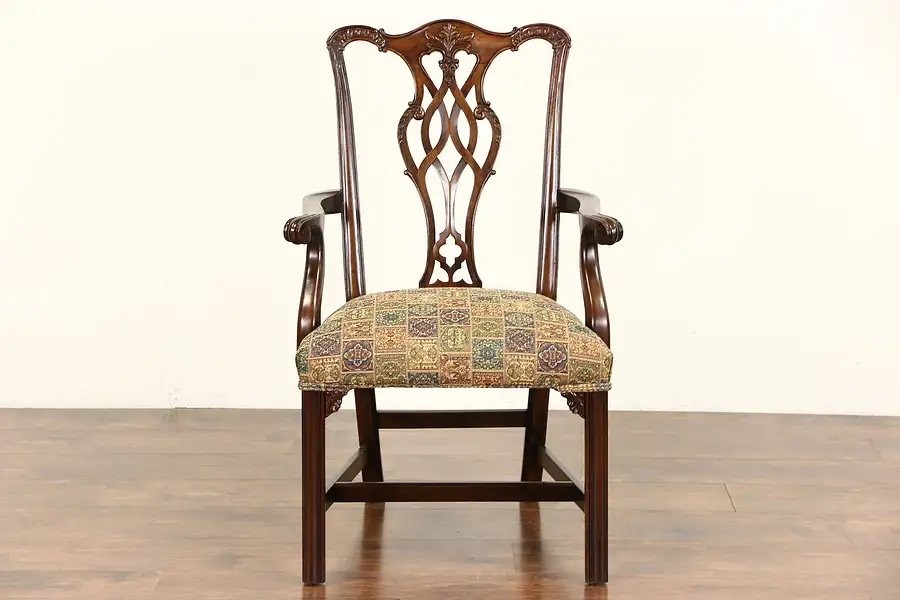 Main image of Georgian Chippendale Vintage Carved Desk Chair with Arms, New Upholstery