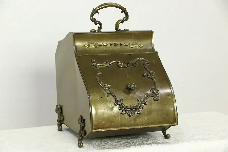 Main image of French Antique 1880 Brass Fireplace Coal Hod or Hopper, Tin Liner
