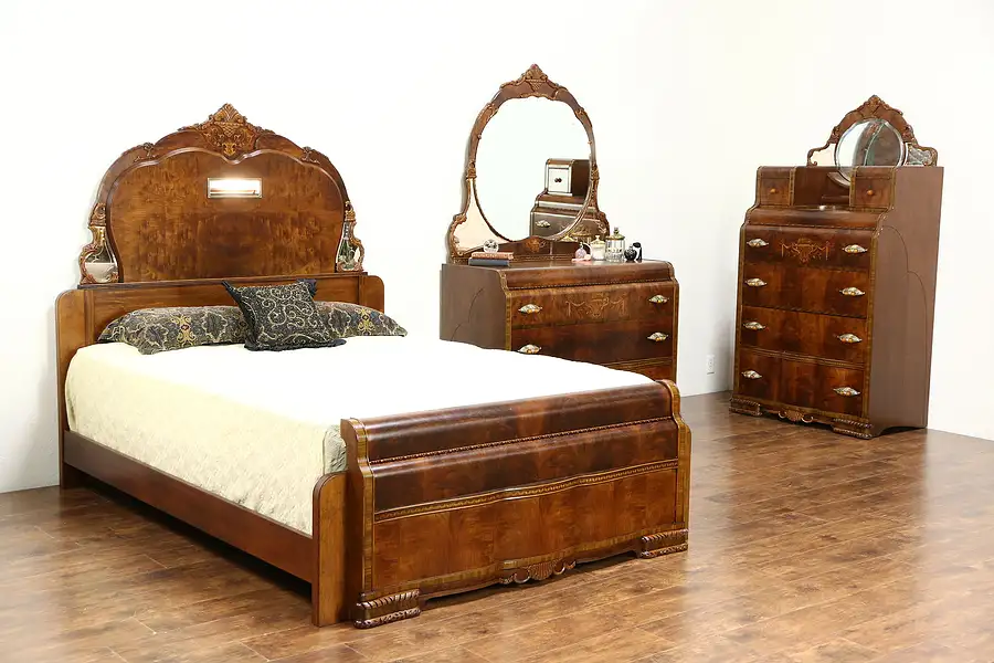 Main image of Art Deco Waterfall Design 1935 Vintage 3 Pc. Bedroom Set, Queen Size Bed