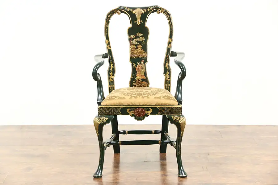 Main image of Chinese Style Hand Painted Vintage Chair with Arms, Dark Green