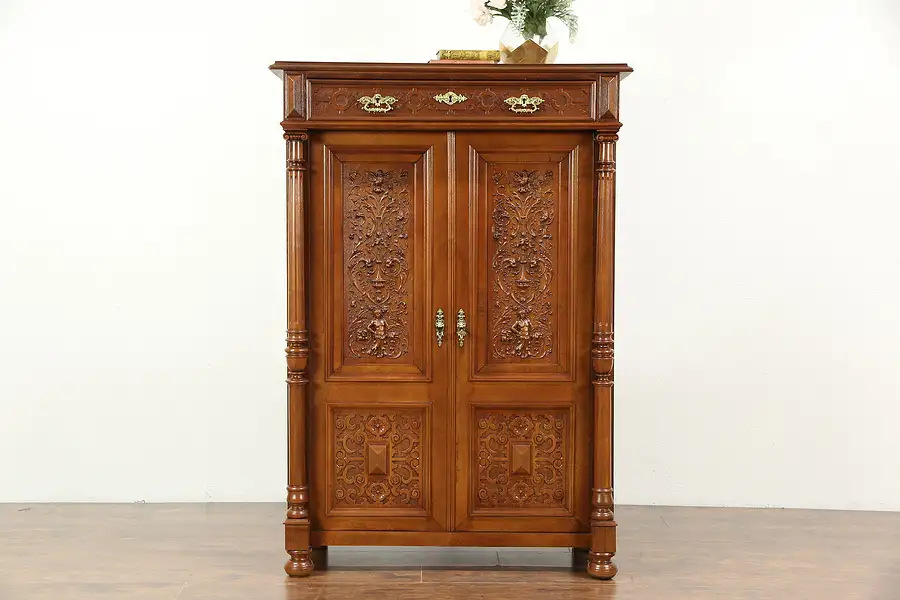 Main image of Walnut Antique 1880 Armoire Cabinet, Carved Birds & Figures, Austria