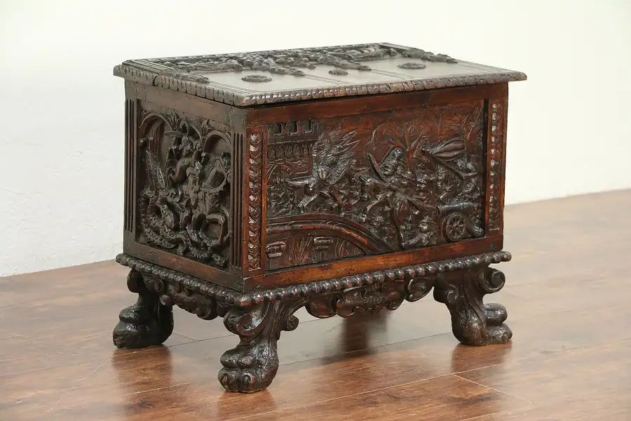 Main image of Miniature Carved Antique Cassone Dowry or Jewelry Chest or Trunk, Italy