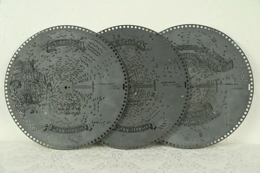 Main image of Three Antique 15 1/2" Regina Music Box Discs