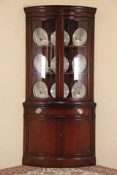 Main image of Drexel Travis Court Mahogany 1950's Vintage Curved Glass Corner Cabinet