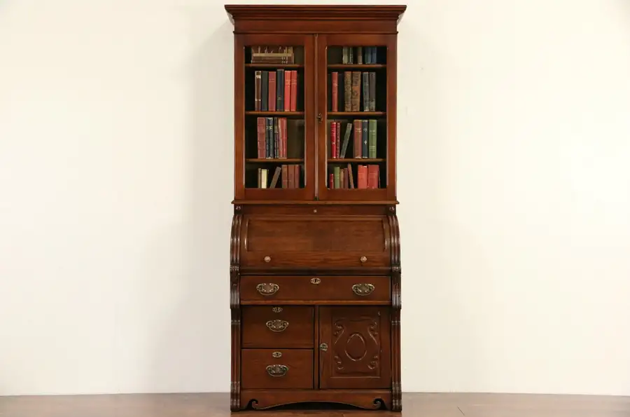 Main image of Oak 1895 Antique Cylinder Roll Top Secretary Desk & Bookcase