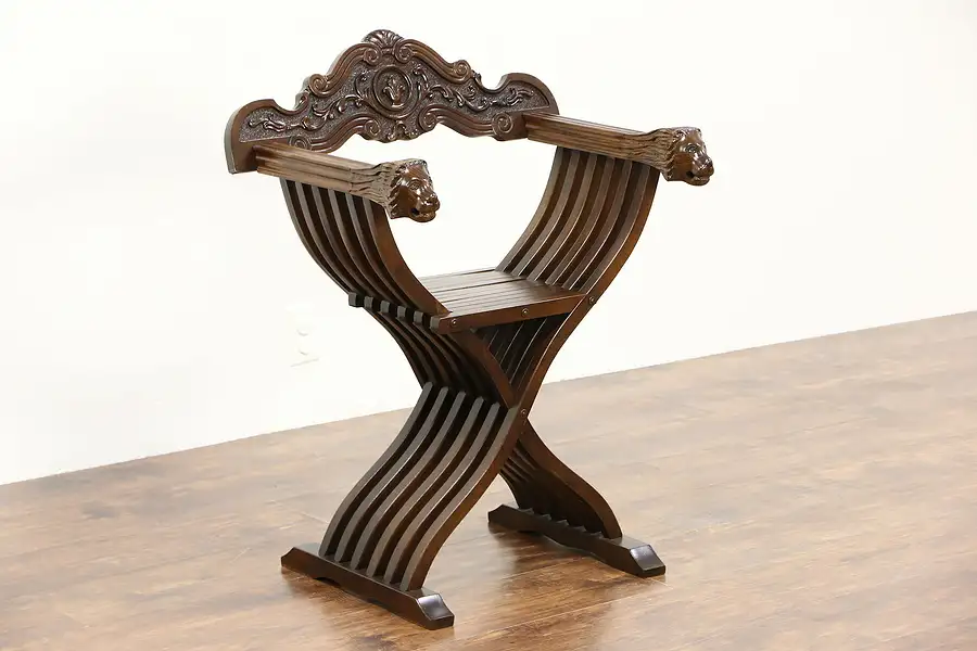Main image of Savonarola Italian 1930's Vintage Hall Chair, Carved Lions