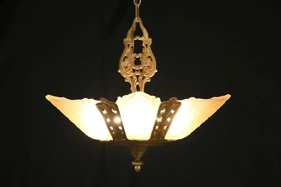 Main image of Art Deco 1930 Vintage Light Fixture, Five Original Etched Glass Shades