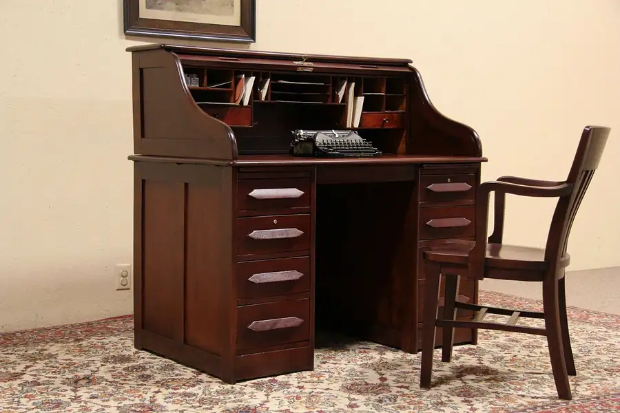 Main image of Rolltop Desk, 1910 Antique "S" Curve Cherry Finish