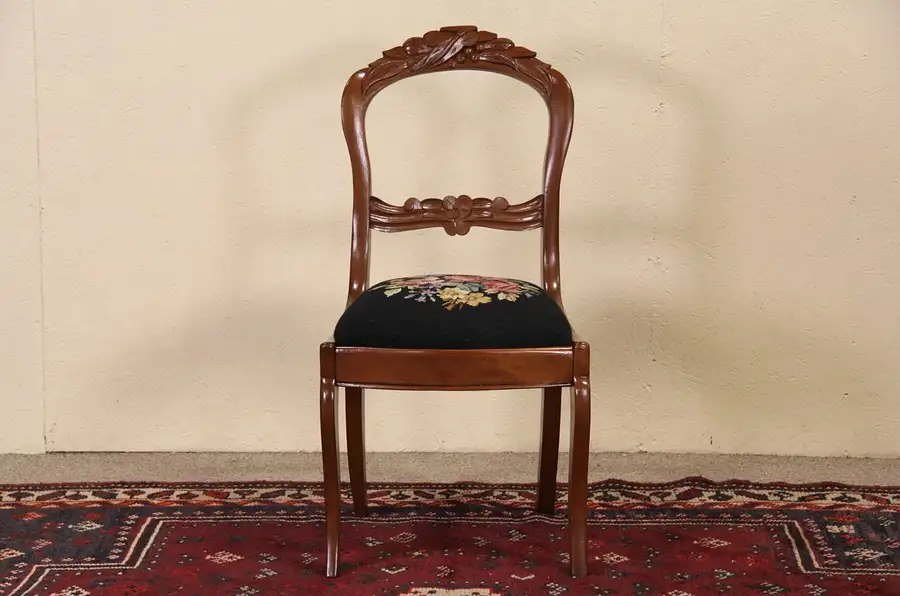 Main image of Victorian 1850 Antique Carved Desk or Side Chair, Black Needlepoint