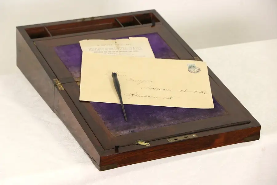 Main image of Rosewood English 1880 Antique Lap or Traveling Desk, Secret Compartments