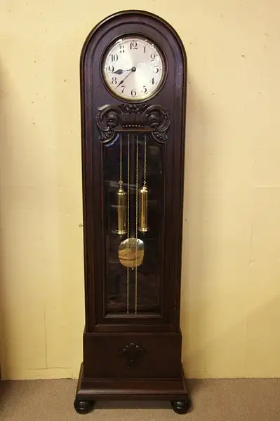 Main image of Grandfather Antique Tall Case Clock, Carved Oak