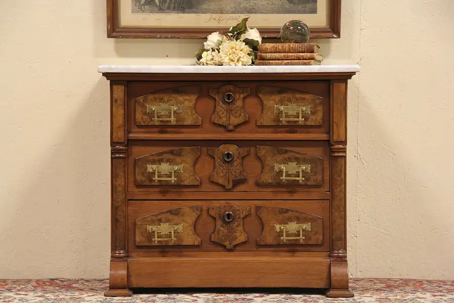 Main image of Victorian Marble Top Antique 1870 Small Walnut Chest or Nightstand