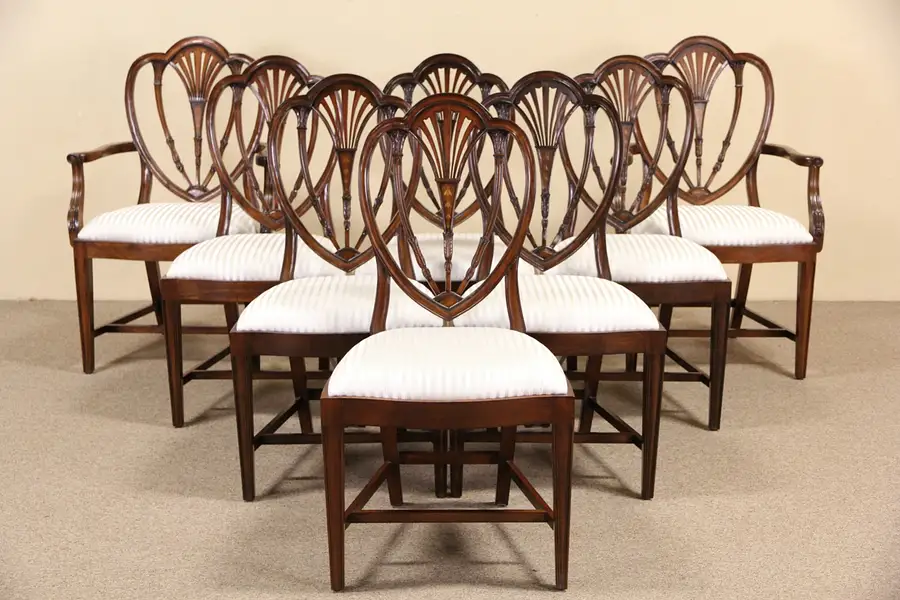 Main image of Set of 8 New Shield Back Georgian Carved Mahogany Dining Chairs, 2 Arms