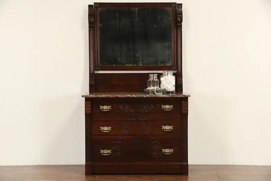 Main image of Victorian Eastlake 1870's Spoon Carved Walnut Chest or Dresser, Mirror & Marble