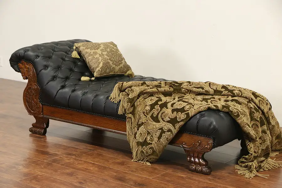 Main image of Victorian Lion Carved 1900 Antique Oak Chaise Lounge or Psychiatrist Couch
