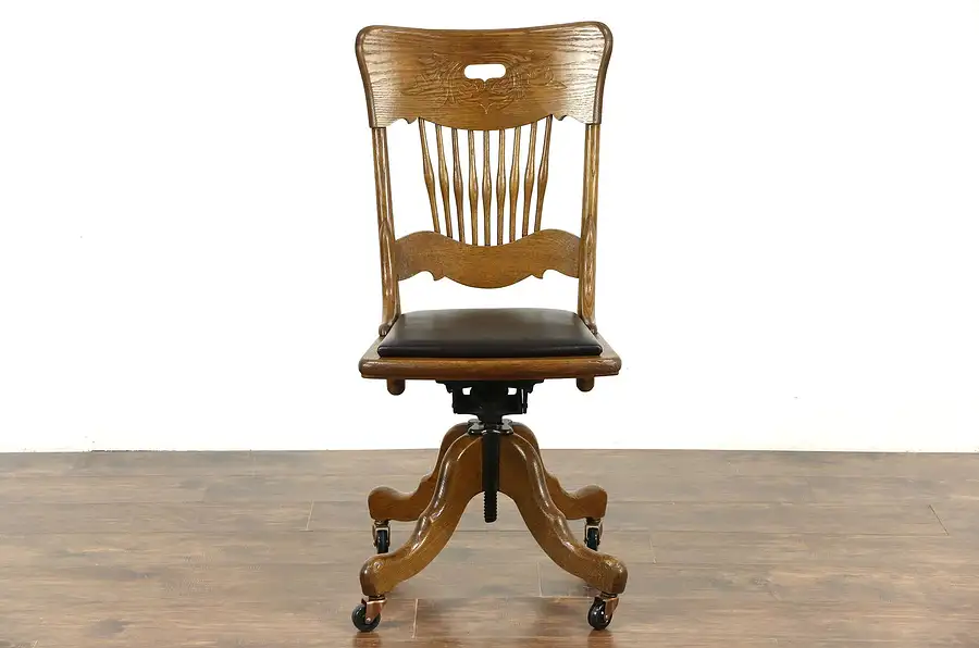 Main image of Oak Swivel Adjustable Desk Chair, Leather Seat, Signed Sheboygan & Pat. 1888