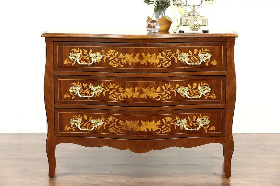 Main image of Marquetry Inlaid Vintage Mahogany & Satinwood Chest, Dresser or Commode, Italy