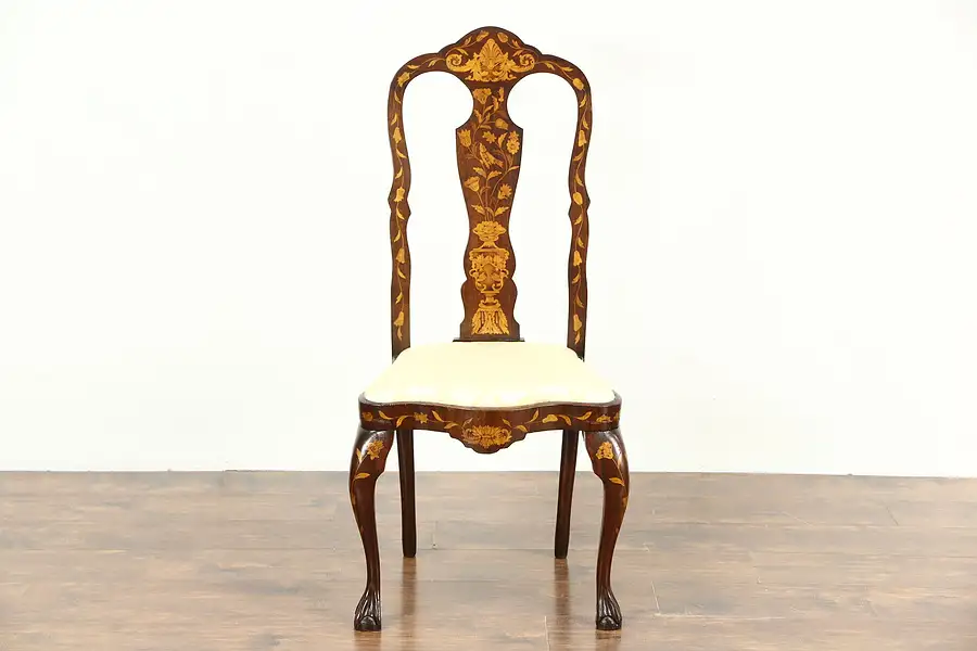 Main image of Dutch 1870 Antique Mahogany Marquetry Desk or Side Chair, New Upholstery