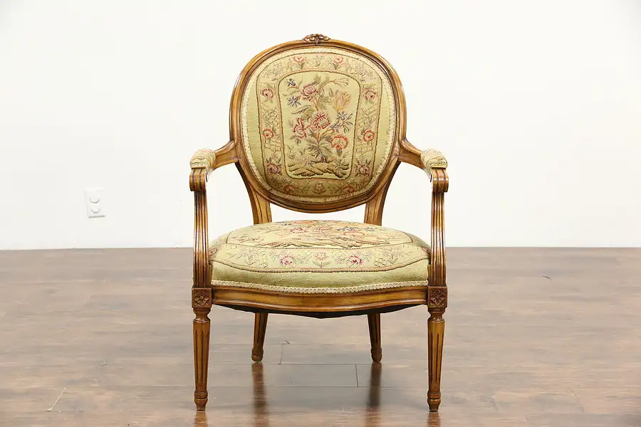 Main image of French 1930's Vintage Carved Beech Chair, Needlepoint Upholstery