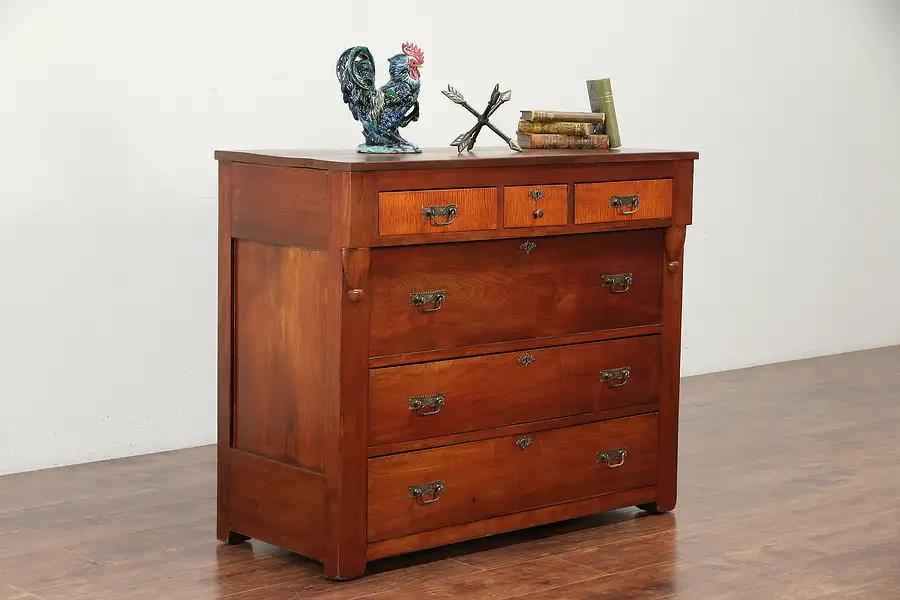 Main image of Walnut & Curly Tiger Maple Antique 1830 Linen Chest or Dresser, Ohio