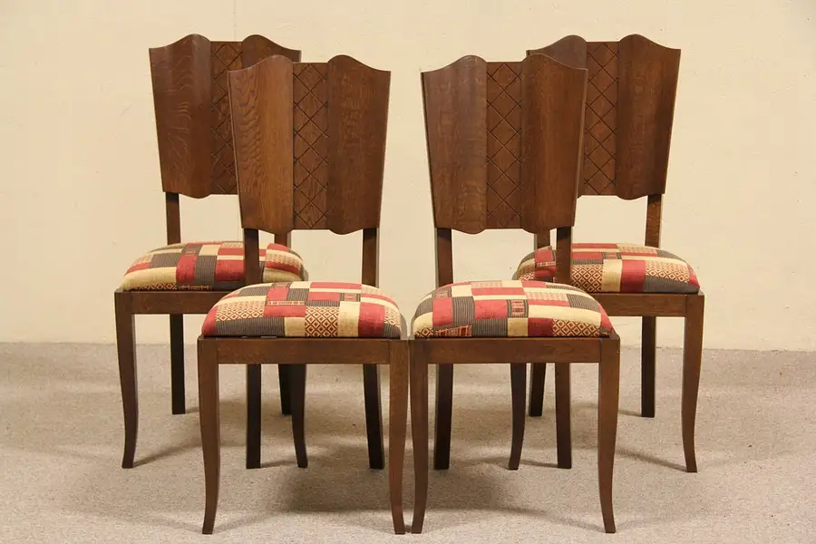 Main image of Set of 4 French Art Deco Oak Dining or Game Chairs, Newly Upholstered