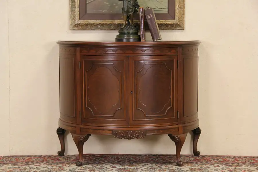 Main image of Walnut Demilune Half Round 1930's Vintage Console Cabinet