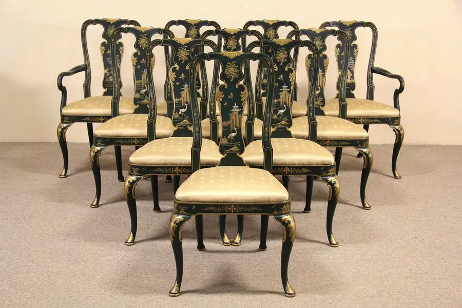 Main image of Set of 10 Hand Painted Georgian Chinoiserie Style Vintage Dining Chairs