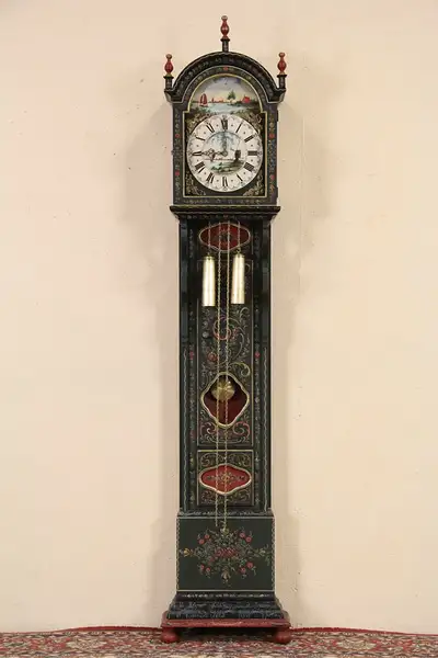 Main image of Dutch Hand Painted Folk Art Vintage Grandfather Clock, Hermle Movement