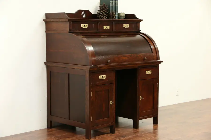 Main image of German Arts & Crafts 1900 Antique Cylinder Roll Top Desk, Leather Top