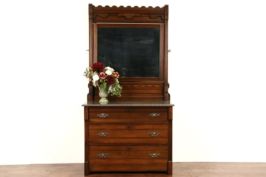 Main image of Victorian Eastlake Marble Top 1885 Antique Walnut Chest or Dresser