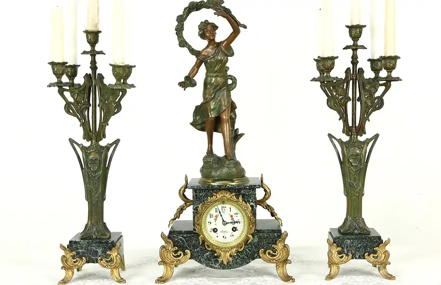 Main image of French Antique 1890's Signed Mantel Clock Set, Marble, Sculpture & Candelabra