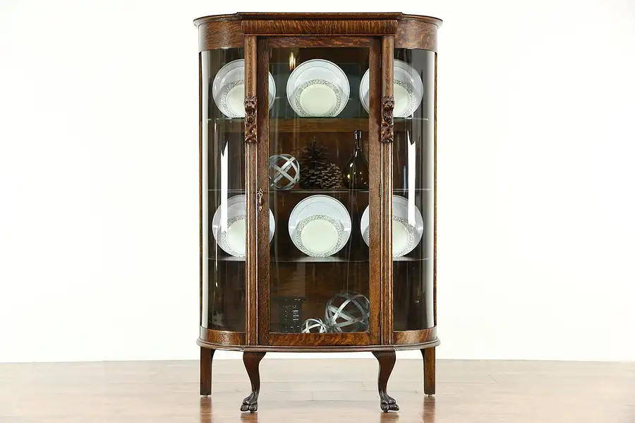 Main image of Oak Antique 1900 Curved Glass Curio China Display Cabinet, Lion Heads & Paws