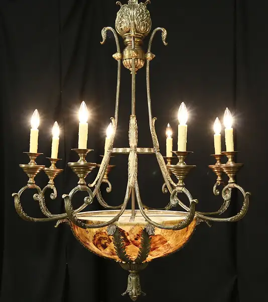 Main image of Maitland Smith Signed Vintage 8 Candle Grand Chandelier, Faux Alabaster 50" Tall