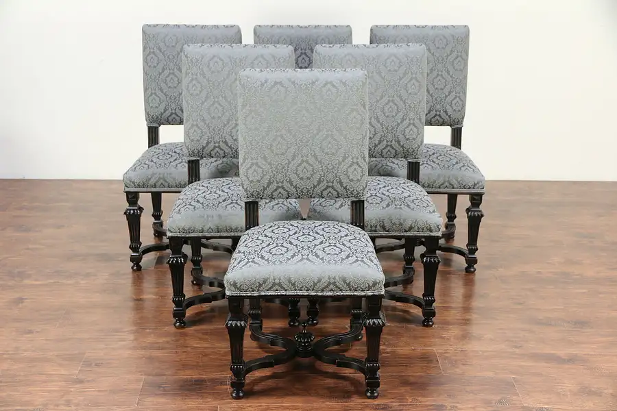 Main image of Set of 6 Antique Italian Ebonized Fruitwood Dining Chairs, New Upholstery