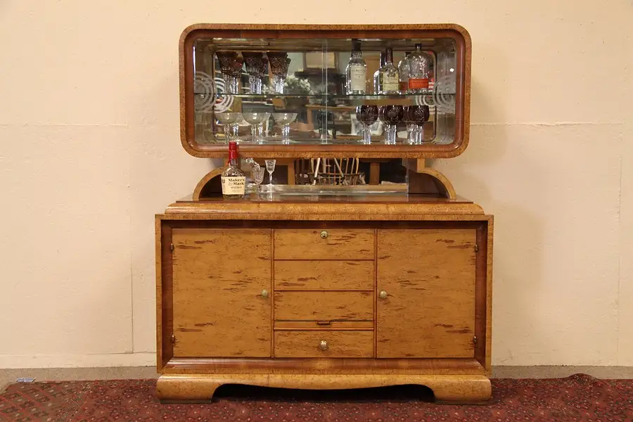 Main image of Art Deco Curly Birch Antique China, or Bar Cabinet