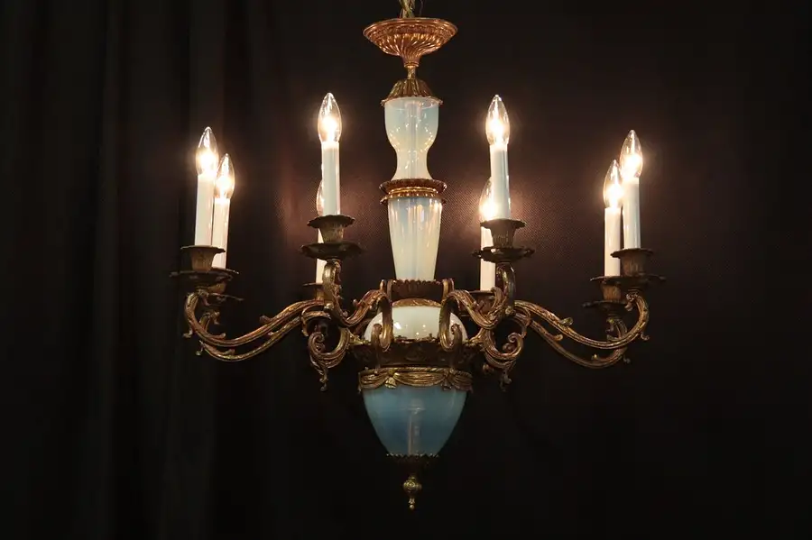 Main image of Brass & Opal Glass 8 Candle Chandelier